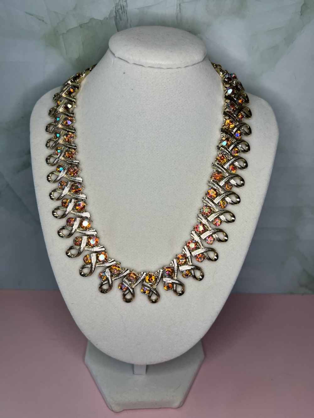 Vintage Signed CORO Aurora Borealis Rhinestone Necklace 1950s-60s Gold Tone